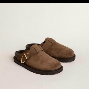 Golden Goose Brown Suede Slip-On Mules with Gold Buckle